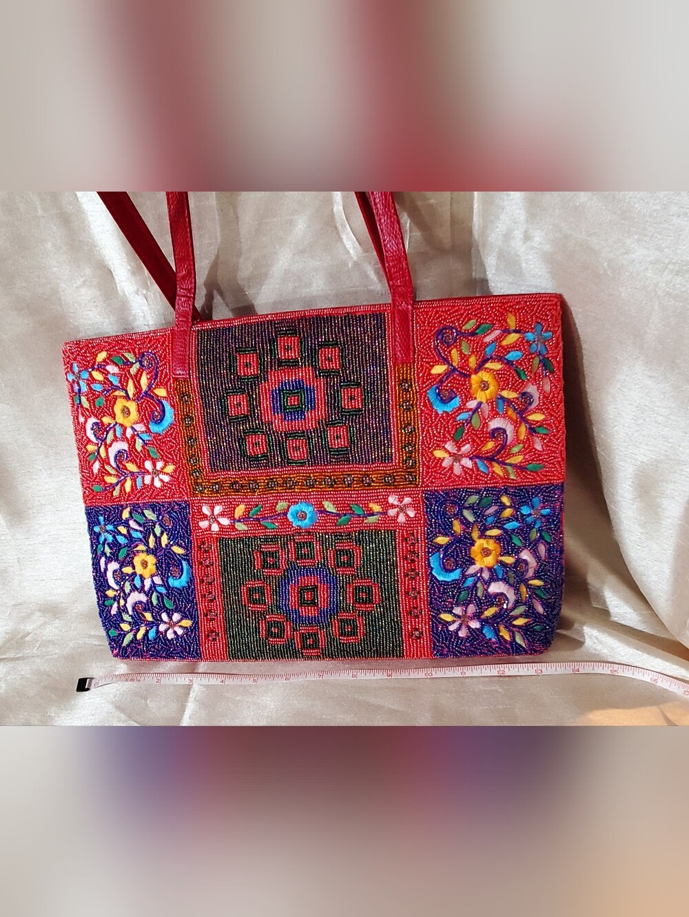 Rare Beaded Embroidered Red Patchwork Tote Bag - Stylish Women's Shoulder Bag - Picture 3 of 10